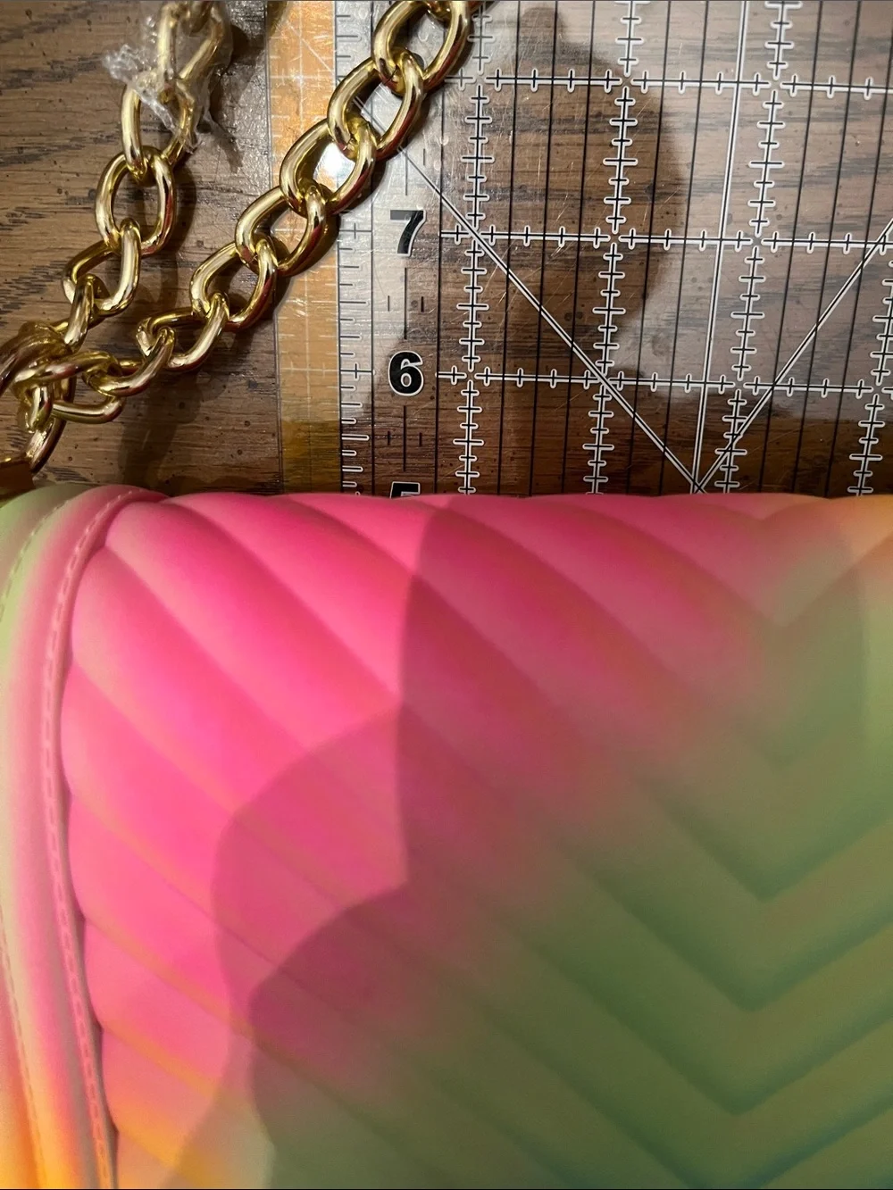 Rainbow Gradient Quilted Jelly Crossbody Bag with Gold Chain